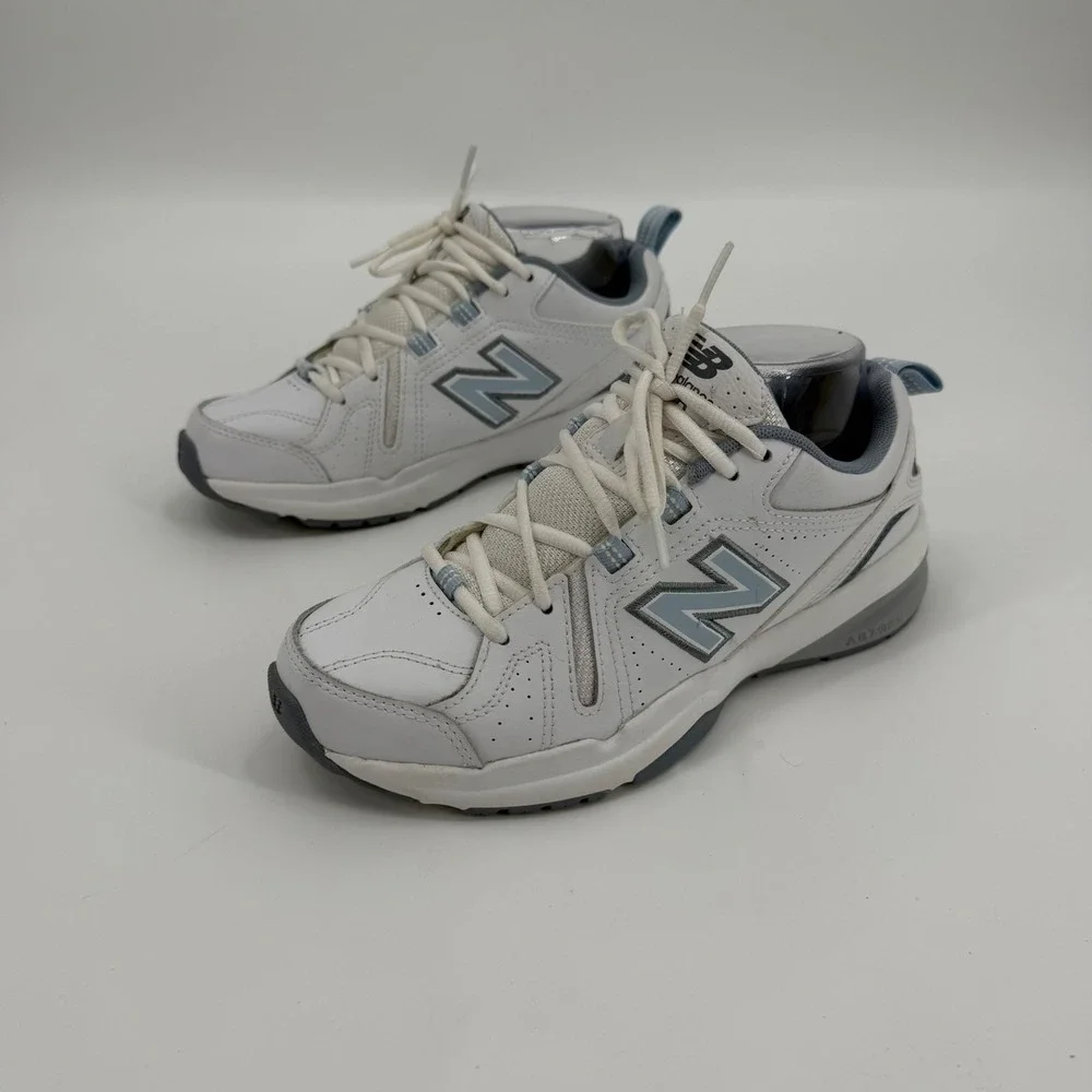 New Balance 608v5 White Blue Leather Training Shoes WX608WB5 Womens 7.5 Narrow